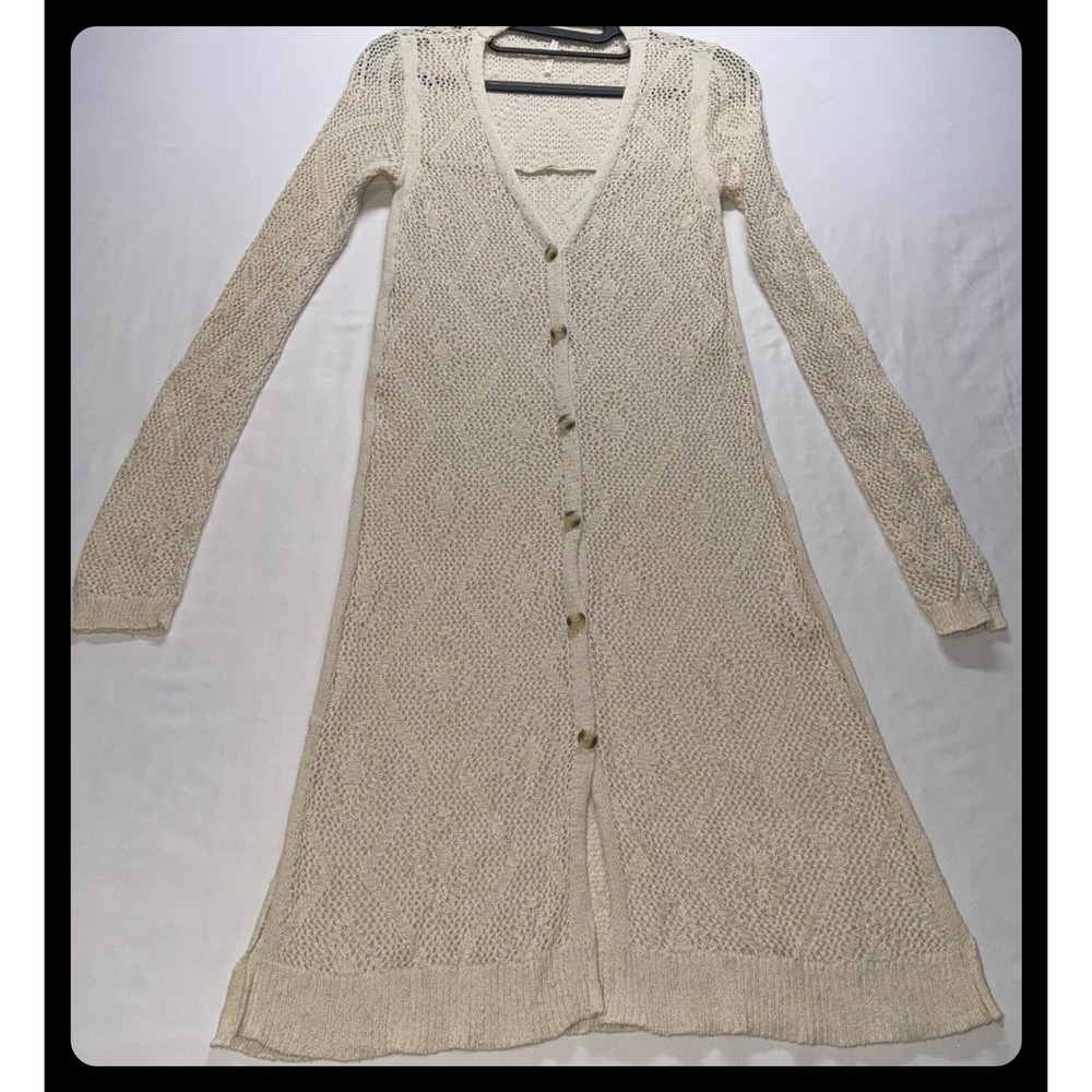 Free People Cardigan Women Medium Cream Crochet Knit Long Sleeve Button Up Boho